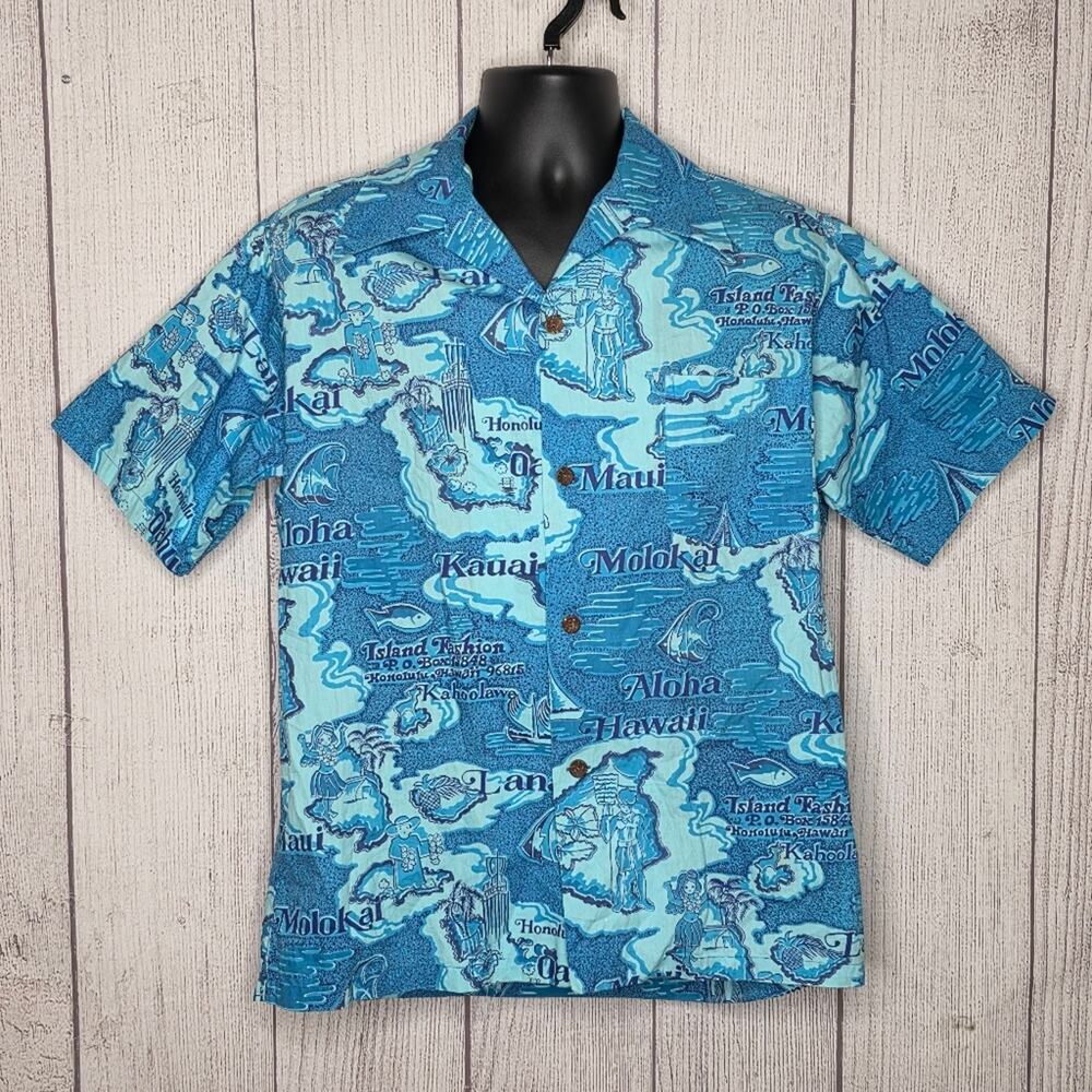 VTG 60s 70s Island Fashions Hawaiian Shirt - Map Print - Aloha Shirt - sz Large